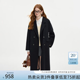 范思蓝恩钻石立裁系列 100%羊毛复古翻领双排扣大衣冬装毛呢外套 气质黑 M