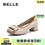 百丽舒适优雅单鞋女2025新款春真皮蝴蝶结方跟鞋D3S1DAQ5 米白 38