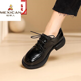 稻草人（MEXICAN）小皮鞋女英伦风平底乐福鞋2025年新款春秋真皮系带休闲女单鞋 黑色漆皮 37