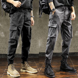 汐嘻裤子男秋冬季休闲裤宽松长裤运动百搭工装多口袋工作耐磨男裤 黑色+深灰 XL -建议110-130斤左右
