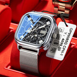 马克华菲（FAIRWHALE）自动机械手表男士学生运动镂空方形国表潮流腕表生日礼物送男友