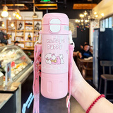 GULOO儿童保温杯女孩库洛米双饮吸管水杯316不锈钢小学生上学专用水壶 粉色 480ml 【送背带+双饮】