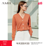 AMII极简洋气V领针织开衫春秋新款全棉长袖上衣女短装毛衣针织外套 烟粉橘 165/88A/L