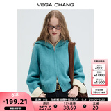 VEGA CHANG毛衣女2024年秋冬新款简约风慵懒短款连帽拉链针织开衫 孔雀蓝 均码