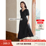 茵曼（INMAN）法式薄荷曼波连衣裙2024夏女装新品V领灯笼袖抽绳 午夜黑 S