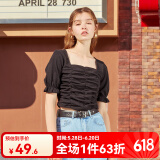 西遇复古方领针织短袖女2024年夏季新款褶皱高腰短款t恤女纯色小个子 黑色(D0300873) S