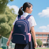 Edison初中生书包大容量多隔层防泼水高中学生简约双肩背包 310-9蓝粉