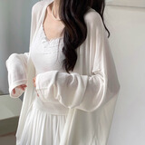 花语志外搭开衫秋季薄款上衣女外套高级感空调衫轻薄针织衫配吊带裙子 宽松纯色长袖薄开衫【白色】 均码 【建议体重90-120斤】
