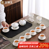 金镶玉功夫茶具整套装陶白瓷家用泡茶盖碗高端送人礼盒 羊脂玉金亭山水