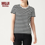 无印良品 MUJI 女式 印度棉天竺编织 圆领短袖T恤 BBB01A0S 白色X条纹 M