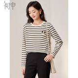初申春秋长袖T恤女华夫格圆领条纹可爱猫咪长袖打底上衣S144T2835