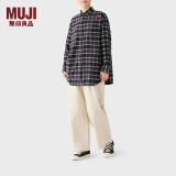 无印良品（MUJI）女式法兰绒衬衫领长上衣 纯棉 女士衬衫外套内搭格子衫秋季款外衣 藏青色格纹 XL 165/92A