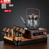 正扬电陶炉煮茶器胡桃木电茶炉玻璃泡茶蒸煮烧水壶功夫茶具套装家用小 胡举物如意提六竹环+架长琴黑