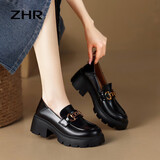 ZHR乐福鞋女真牛皮百搭增高单鞋女厚底通勤舒适女鞋 AY116 黑色 35 
