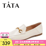他她（TATA）方头乐福鞋女休闲平底一脚蹬小皮鞋女单鞋春秋款FLC22AM4 米色 37