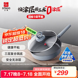 三禾0涂层微纳不粘煎锅平底含钛锅无涂层平底煎锅煎蛋锅26cm黛青蓝