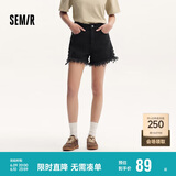 森马[郑合惠子同款]牛仔裤女黑色毛边绑带夏高腰短裤109324122006