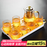 瓷牌茗茶具（cipaiming teaset） 透明玻璃茶具整套套装家用功夫茶壶茶杯会客泡茶器 金盖雅致锤纹杯7件套+小长方盘