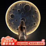 秋桐3D立体浮雕月球壁灯画创意背景墙手绘油画酒吧网红圆形装饰壁画灯 H款-月球-手绘油画/铝合金黑框 直径：100cm【LED遥控插电款】