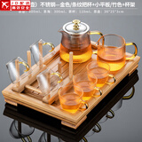 正扬玻璃茶具套装家用日式功夫简约整套茶盘小办公泡茶壶茶杯透明过滤 8头 条纹套装+杯架+竹色小平板