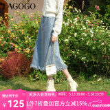 lagogo舒适高腰流苏牛仔裙女拉谷谷春季新款复古A字休闲半身裙 浅牛仔蓝(N7) XL