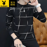 花花公子长袖t恤男春秋季男装青年圆领韩版打底衫男士体恤衣服卫衣春秋装 黑色多线条 XL