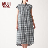 无印良品 MUJI 女式 棉混弹力 法国袖连衣裙 BCL14A0S 黑色X格子 L