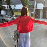 妙奕嘉开衫外套女轻薄款针织衫搭吊带长袖上衣夏季配裙子外搭防晒空调衫 蝴蝶结刺绣针织开衫【红色】 均码 （建议80-115斤）