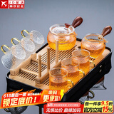 正扬玻璃功夫茶具套装家用锤纹花梨木双侧把泡茶壶耐热茶杯办公整套小 8头 锺侧花+6龙纹金+架+长琴黑
