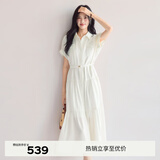 伊芙丽（eifini）蒋欣代言醋酸腰带收腰蛋糕A摆通勤衬衫式连衣裙女2025夏装新款 米白 M 105-115斤