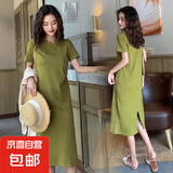 2025夏季新款中长款T恤宽松显瘦过膝短袖牛油果绿连衣裙 绿色 2XL