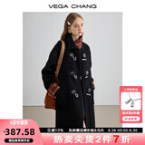 VEGA CHANG黑色毛呢子大衣女2024秋冬新款格纹中长款大衣 锆石黑 L