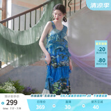 两三事度假超仙的裙子女夏季紫色油画艺术吊带海边连衣裙云雾睡莲 蓝色 S