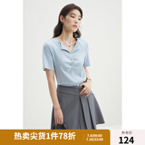独束大码女装设计感简洁抽褶翻领短袖t恤女夏季新款微胖mm上衣潮 天空蓝 L (尺码：2)