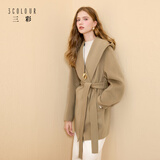 三彩【100绵羊毛】2025冬季新款连帽双面呢大衣毛呢外套M 卡其色 M 160/84A