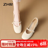 ZHR玛丽珍鞋女复古浅口单鞋子女优雅甜美粗跟方头女鞋 CG71 米色 37