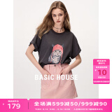 BASIC HOUSE/百家好卡通印花凉感t短袖2024夏季新款翻边高级感宽松t恤女洋气 深灰 L