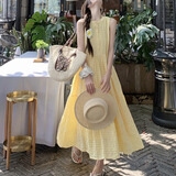 九寸阳光连衣裙女温柔风黄色格子背心夏季法式甜美气质超仙圆领无袖度假裙 黄色 L