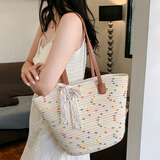 滕阁厢 编织包单肩包女大容量女包春夏大容量托特包单肩手提海边度假包 彩球款