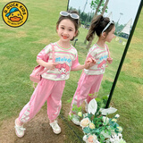 G.DUCKKIDS小黄鸭女童套装夏季薄款儿童夏装女孩纯棉库洛米衣服宝宝短袖裤子 条纹粉色 120 建议110-120cm5-6岁