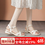 ZHR凉鞋女简约纯色一字带粗跟女鞋摩登方头优雅鞋子女 Y700 米色 37 