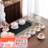 金镶玉功夫茶具整套装陶白瓷家用泡茶盖碗高端送人礼盒 羊脂玉金亭山水