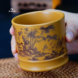 宜兴黄金段泥紫砂杯纯手工竹节主人杯直筒简约个性刻绘雕刻竹子杯 黄金段泥竹节主人杯