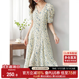 尚都比拉夏季法式碎花连衣裙泡泡袖茶歇裙气质女神范裙子 杏底蓝花 S 