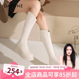 达芙妮厚底V口长筒靴女2024秋冬新款女靴高筒靴显瘦百搭增高骑士靴子女 米白色 37