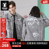 闪电潮牌（GENANX）牛仔外套男春季灰色磨白做旧涂鸦茄克衫街头潮咔纯棉牛仔夹克 灰色 XL
