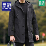 罗蒙（ROMON）高档轻奢风衣男士中长款秋冬新款商务休闲中年保暖连帽外套爸爸装 【春秋款】FY192213黑色 XL /180码
