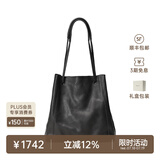 裘真008水桶包女斜挎通勤大容量真皮复古小众植鞣牛皮包包 黑色-大号