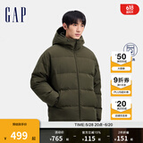 Gap男装徽章logo抽绳立领连帽羽绒服纯色外套677652 墨绿 L (175/96A) 亚洲尺码