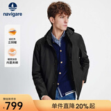 Navigare意大利小帆船男士棉服秋冬季可拆卸连帽外套夹棉保暖通勤夹克衫 黑 XL 码